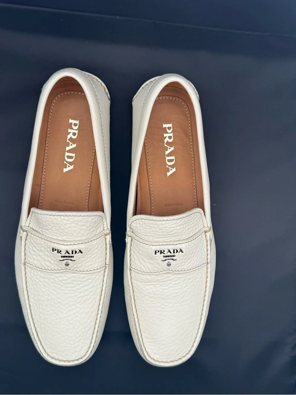 Prada Off White Grained Leather Driving Loafers Shoes 10